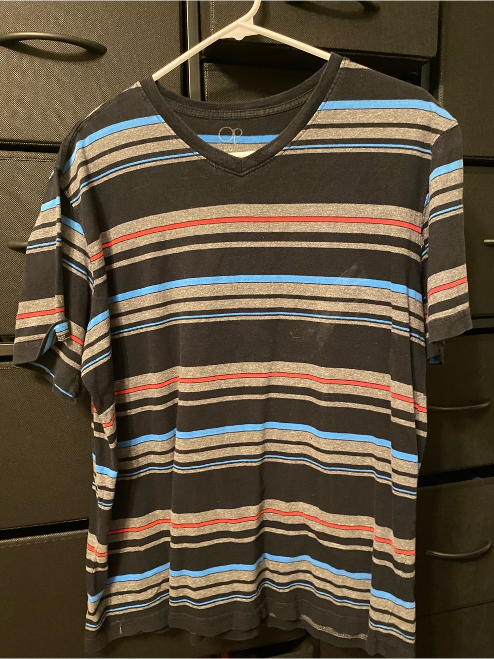 OP Men's V-Neck Striped Tee in Black, Gray, Blue & Red